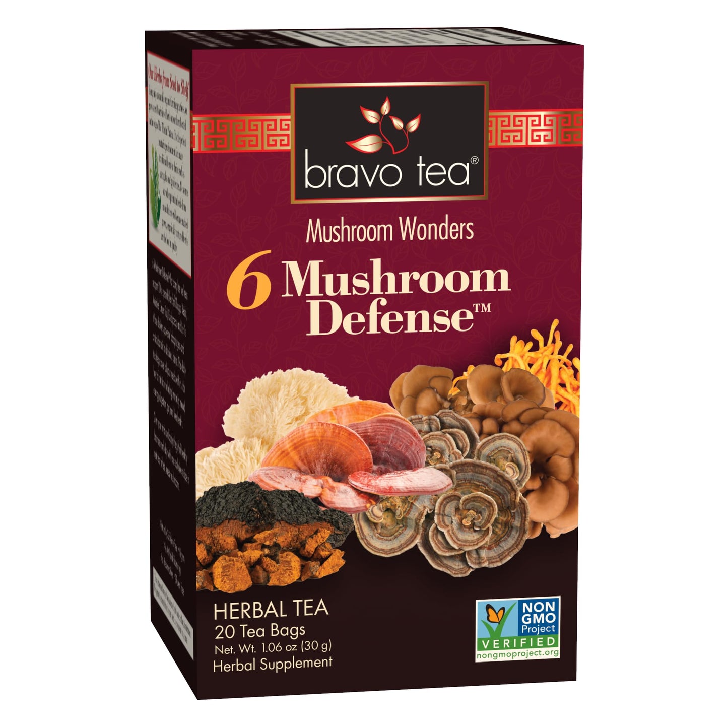 Bravo Tea 6 Mushroom Defense Herbal Tea, Caffeine Free 20 Tea Bags, 6 count