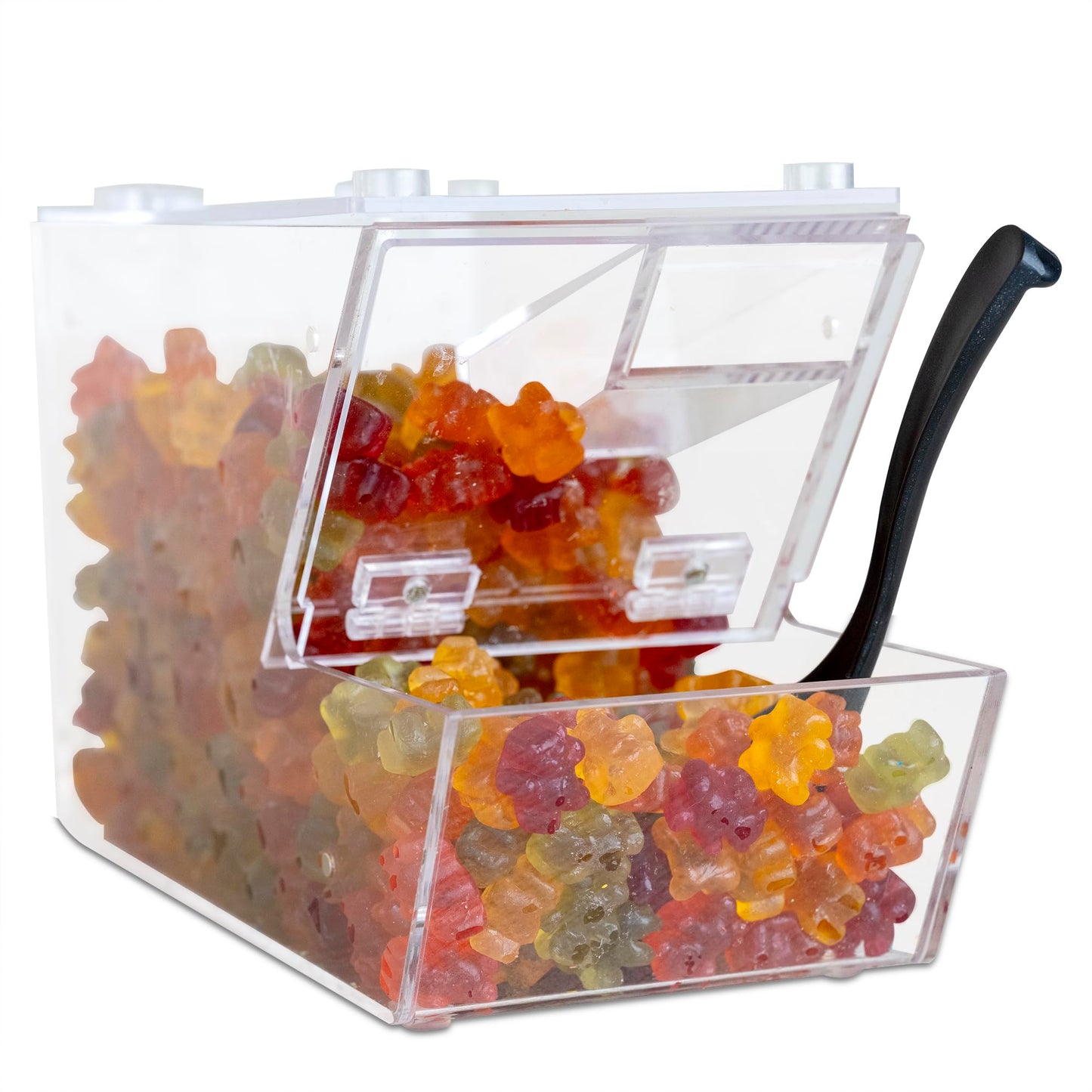 IneVibe Candy Bin Topping Dispenser - Acrylic Bulk Sprinkle Container w/Scoop, Stackable & Magnetic for Multiple Holders on Shelf - Commercial Setting for Cereal, Nuts, Candies & Snack Food Storage