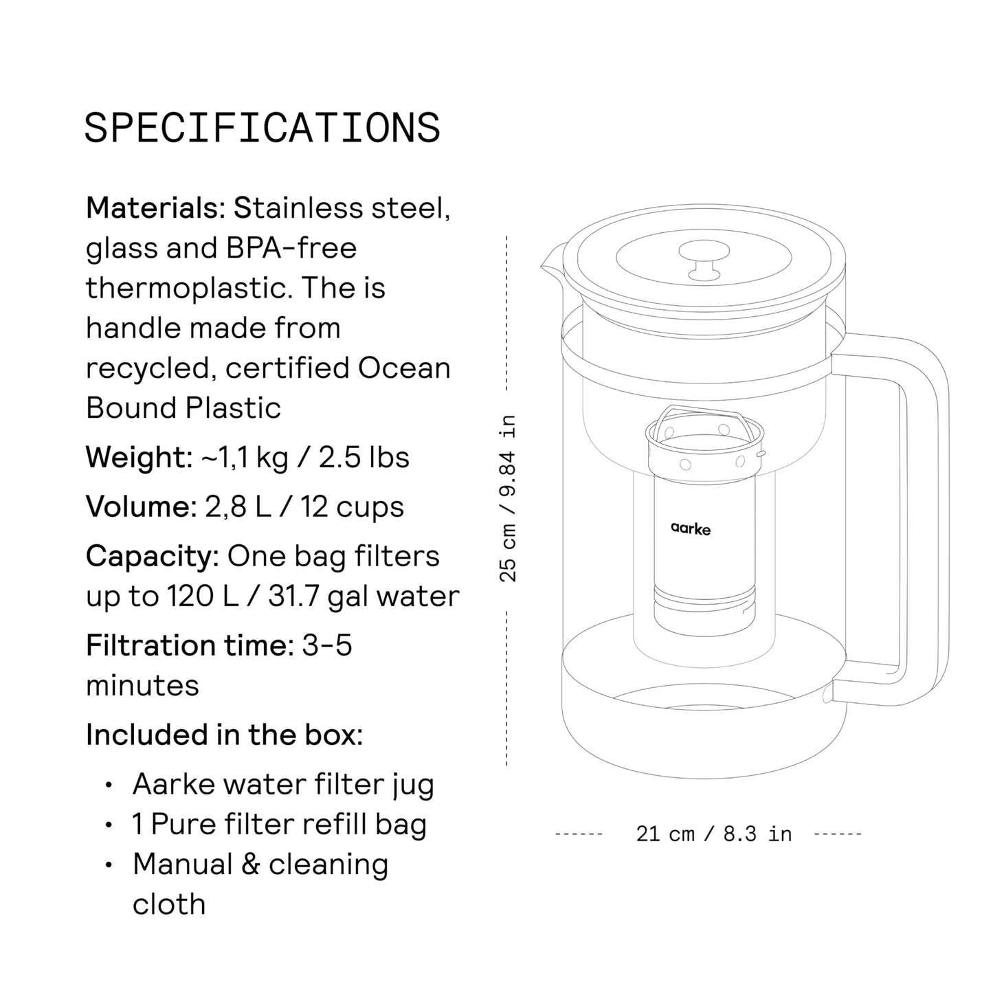 Aarke Purifier Glass Water Pitcher, Refillable Stainless Steel Filter, 8-Weeks Performance, BPA-Free, Dishwasher Safe, Pure & Enriched Refill Granules, 1.66L (7 Cups) Capacity