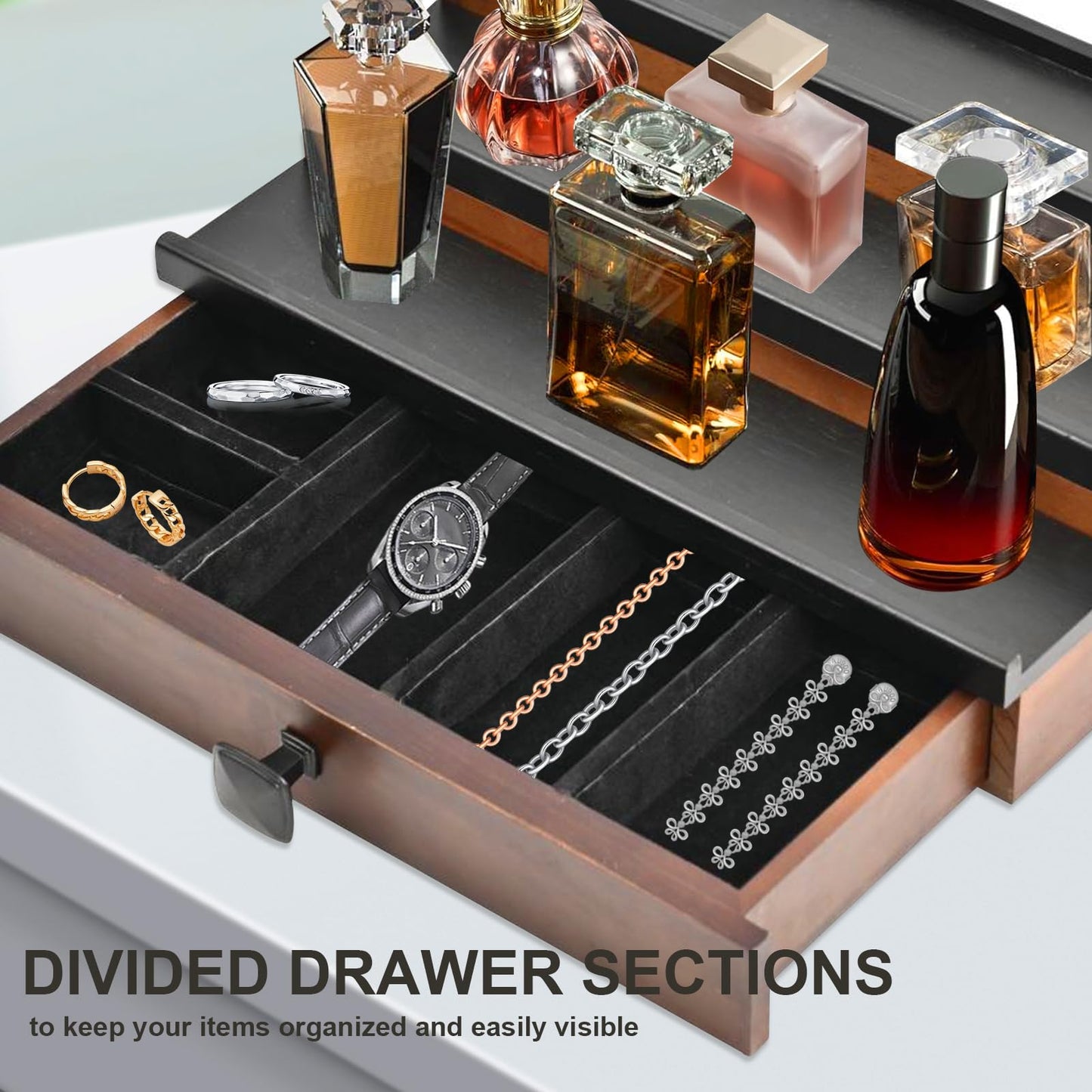 TIRYIUOU Cologne Organizer for Men, 3 Tier Wooden Cologne Stand for Men, Perfume Organizer Display, Cologne Shelf with Drawer and Hidden Compartment, Gift for Men