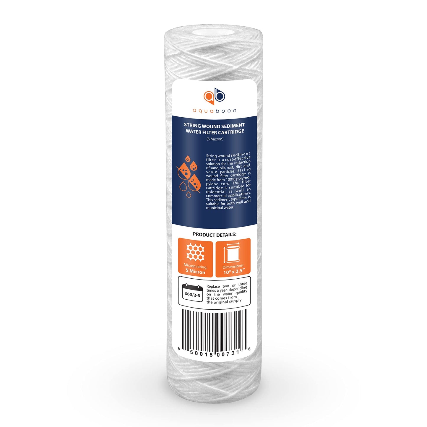 Aquaboon Whole House 5 Micron 10 x 2.5 String Wound Sediment Water Filter Cartridge Replacement Compatible with Well Water Filter WHKF-WHSW, 6-Pack
