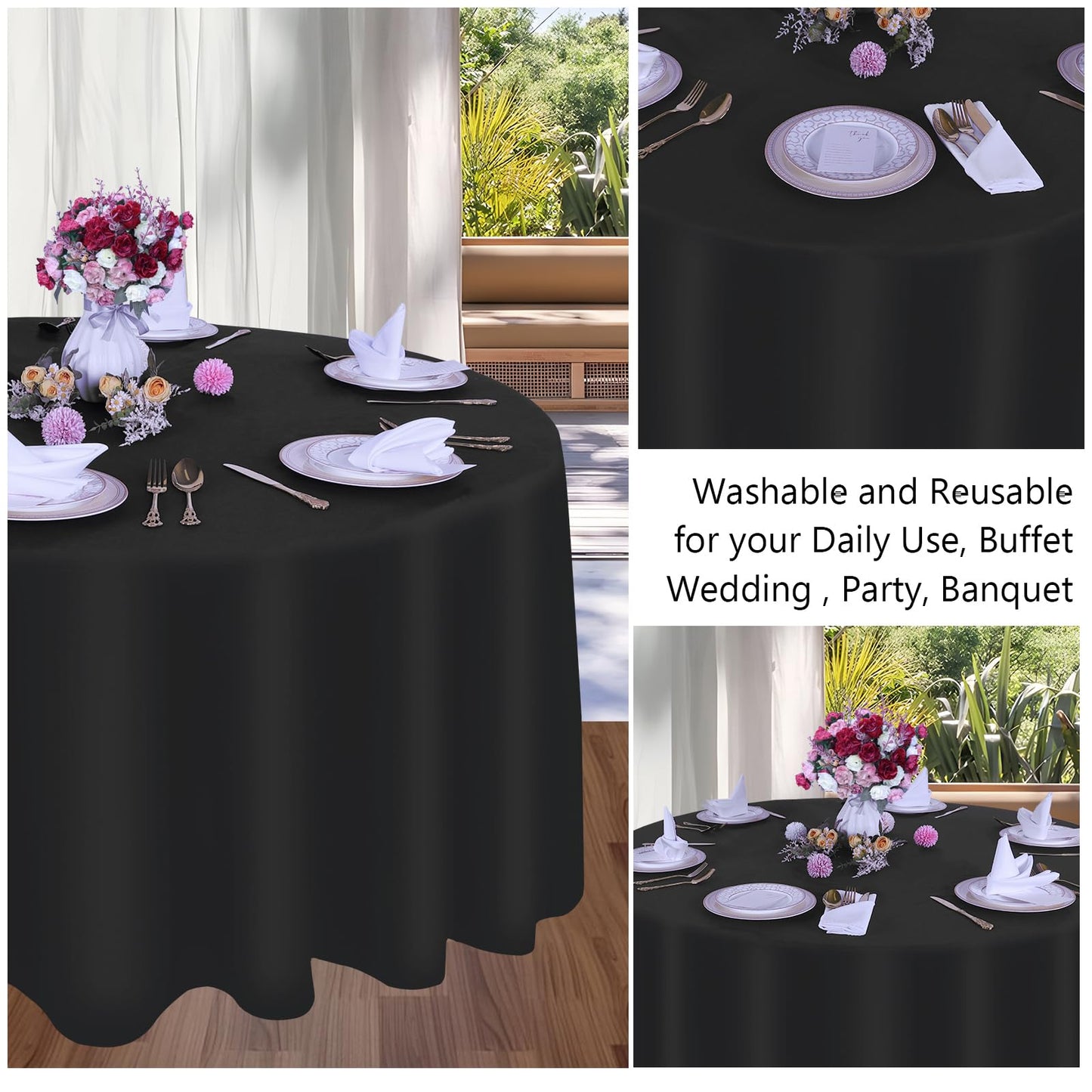 8 Packs 90 Inch Black Round Tablecloth in Diameter, Washable Polyester Fabric Tablecloths, Wrinkle Resistant Table Cloth for Wedding Party Banquet Dining