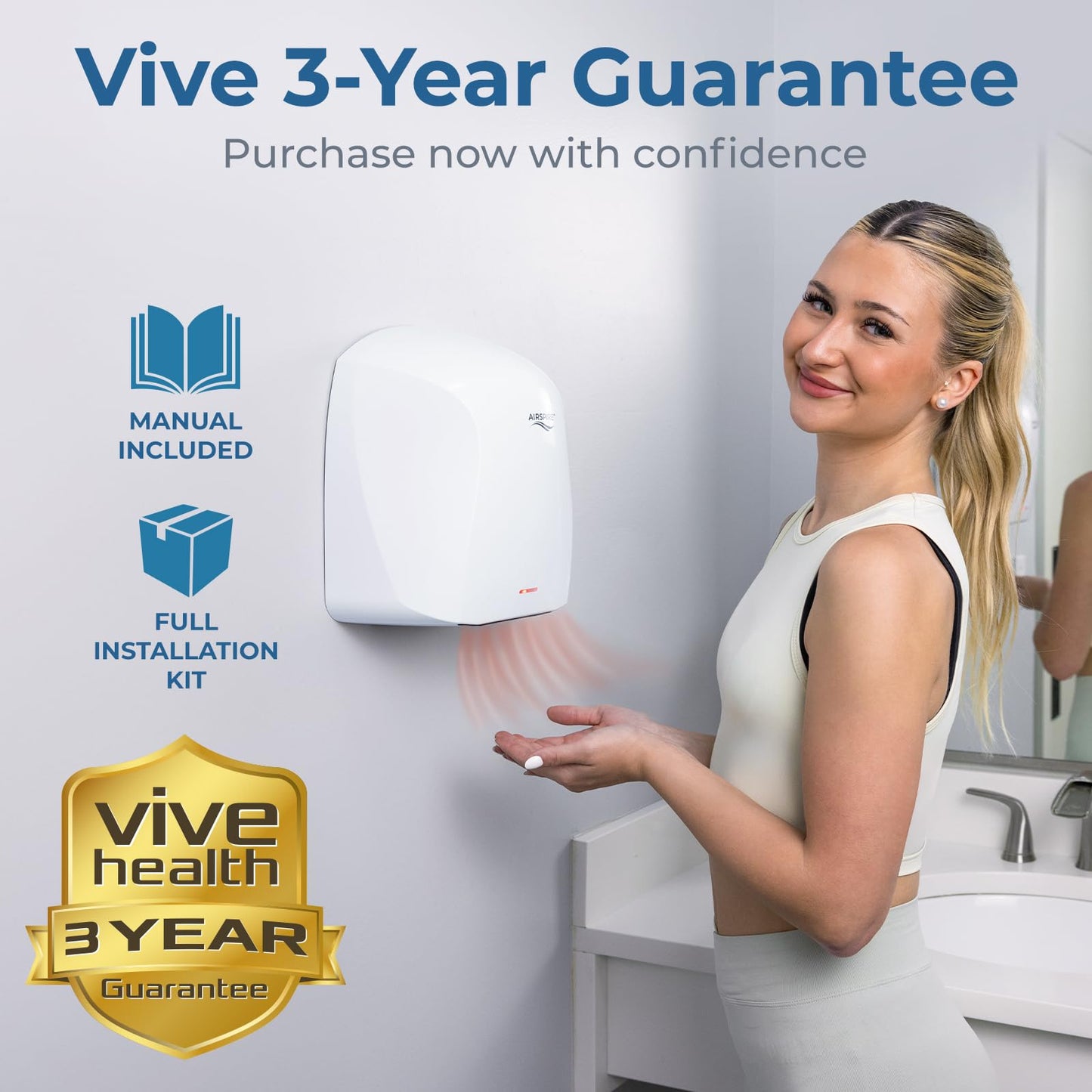 AIRSPIRE Electric Hand Dryer for Commercial Bathrooms & Home Use (110-120V) - Energy Efficient 1100W Automatic Hand Dryer - HEPA Air Filtration & UV Protection - Wall Mounted, 78 dB - Warm Air (White)