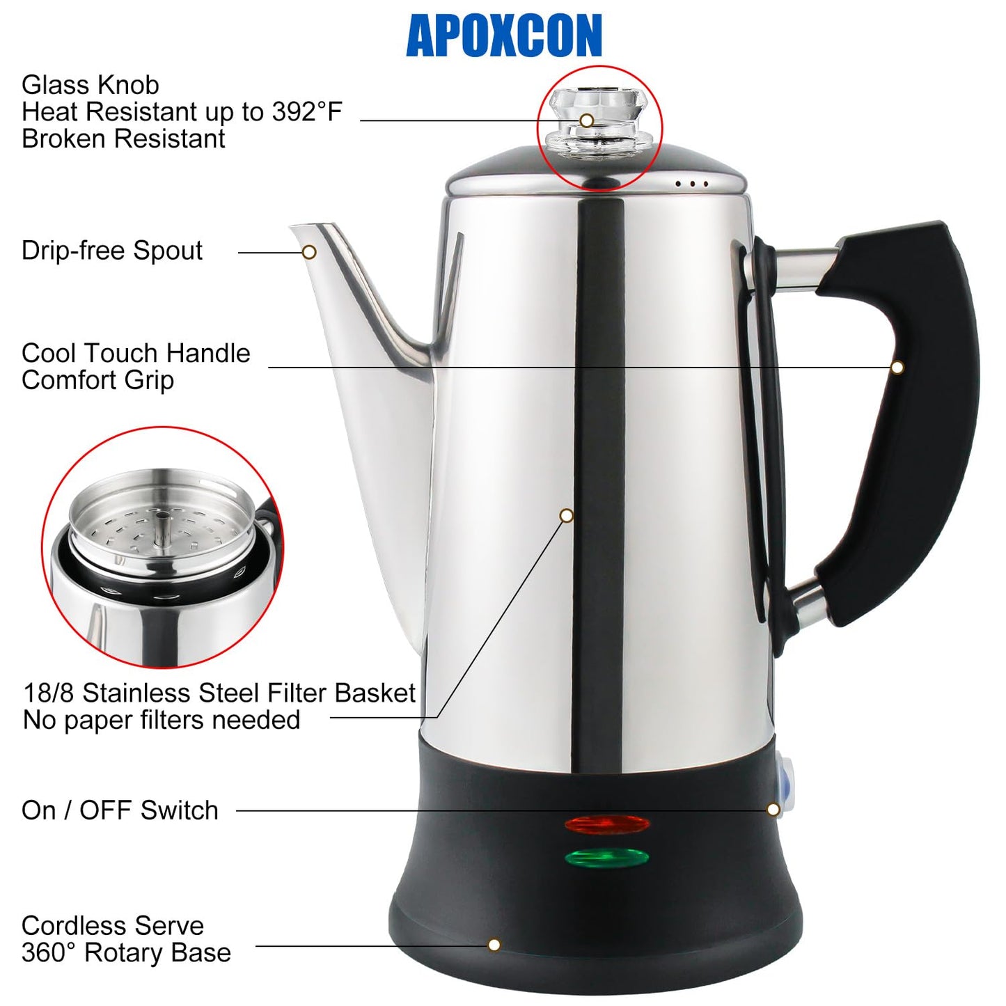 APOXCON Electric Coffee Percolator Stainless Steel Coffee Maker with Heat Resistant Tough Glass Clear Brew Progress Knob, Keep Warm & Cordless Serving Classic Coffee Pot with On/OFF Switch 12 Cup
