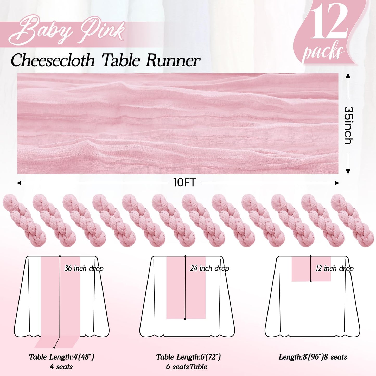 12Pack Pink Cheesecloth Table Runner 35 x 120 inch Cheese Cloth Table Runner 10FT Boho Table Runners Rustic Gauze Table Runners for Party Wedding Birthday Dining Bridal Shower Baby Shower Decor