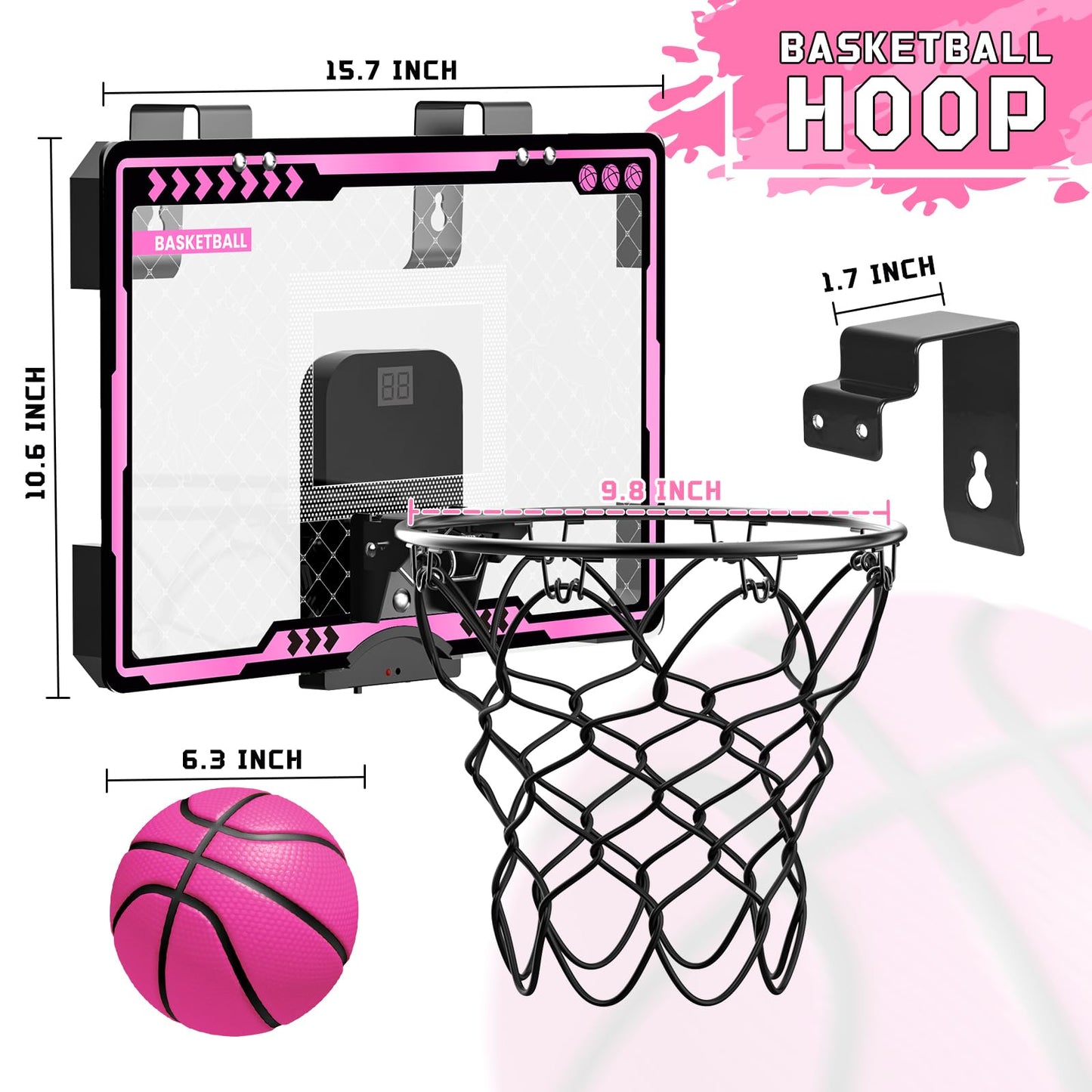 Mini Over The Door Basketball Hoop Indoor Kids Girls - Unicorn Pink Basketball Hoops with Electronic Scoreboard Toys & 3 Balls, Birthday Gifts Age 5 6 7 8 9 10 11 12 Year Old Girls