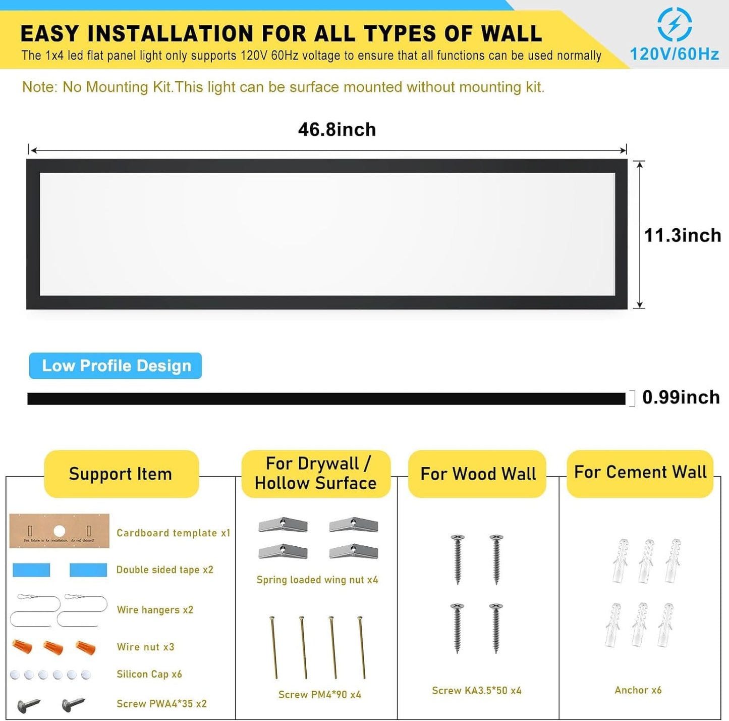AIKVSXER 1x4 LED Flat Panel Light Surface Mount LED Ceiling, 5500LM 50W TRIAC 10-100% Dimmable, 3000/4000/5000k Selectable Kitchen Ceiling Light Fixtures for Garage/Laundry Black-1PACK