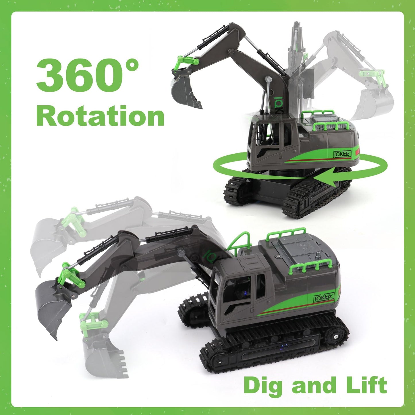 IQKidz Remote Control Excavator Toys for Boys 4-7 Yrs Old - Best Birthday for Kids 3 5 8 9 10+, Metal Shovel Construction Vehicles with Light Sound, 2.4G Rechargeable RC Tracked Digger
