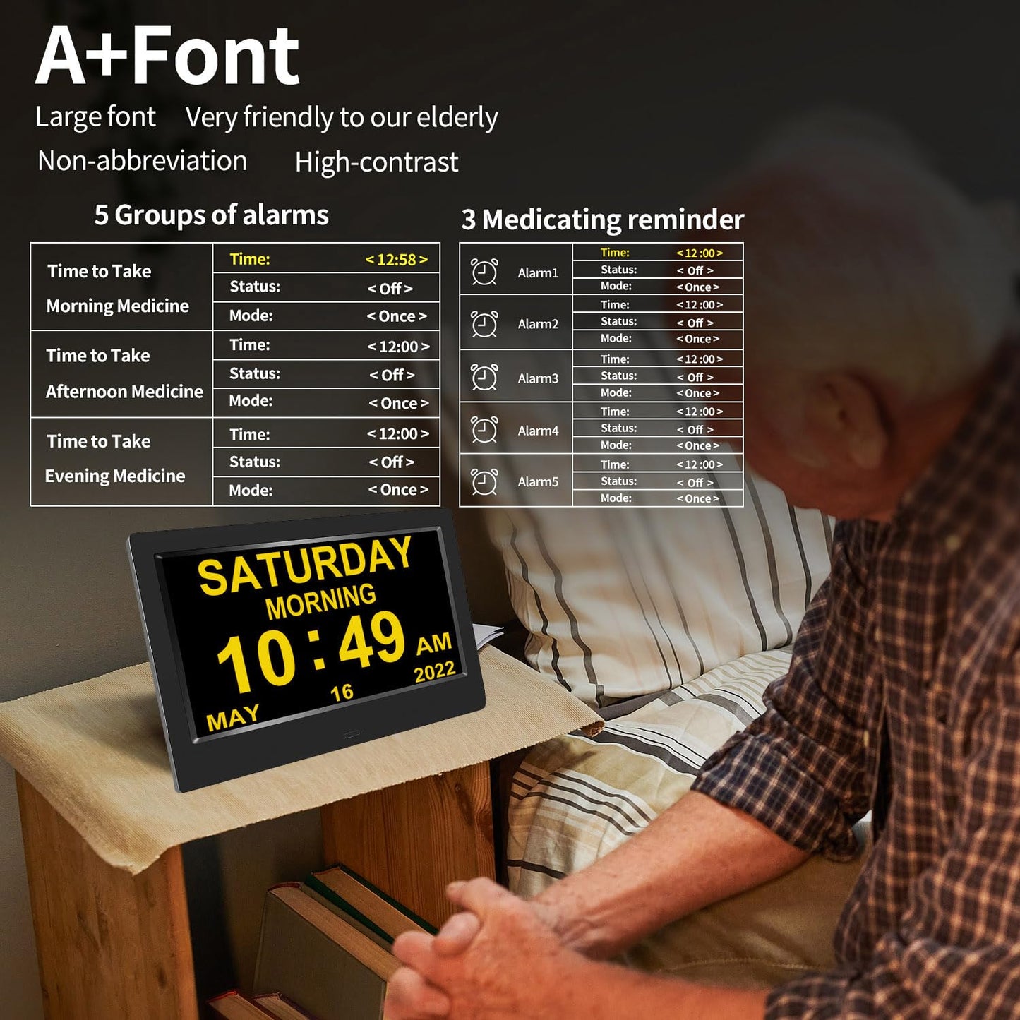 AINFTIME DST Clock with Day and Date for Elderly-3 Display Digital Calendar Alarm Day Dementia Alzheimers Clock with Extra Large Display (10.1in Black)