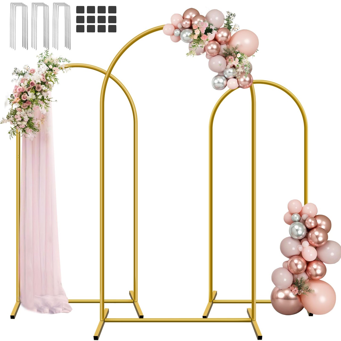 Hemmotop Metal Arch Backdrop Stand, 7.2FT+6.6FT+6FT Wedding Arches for Backdrop, Gold Background Arch Stands Set of 3, Flower Arches Frame for Birthday Party, Baby Shower, Graduation, Garden Décor