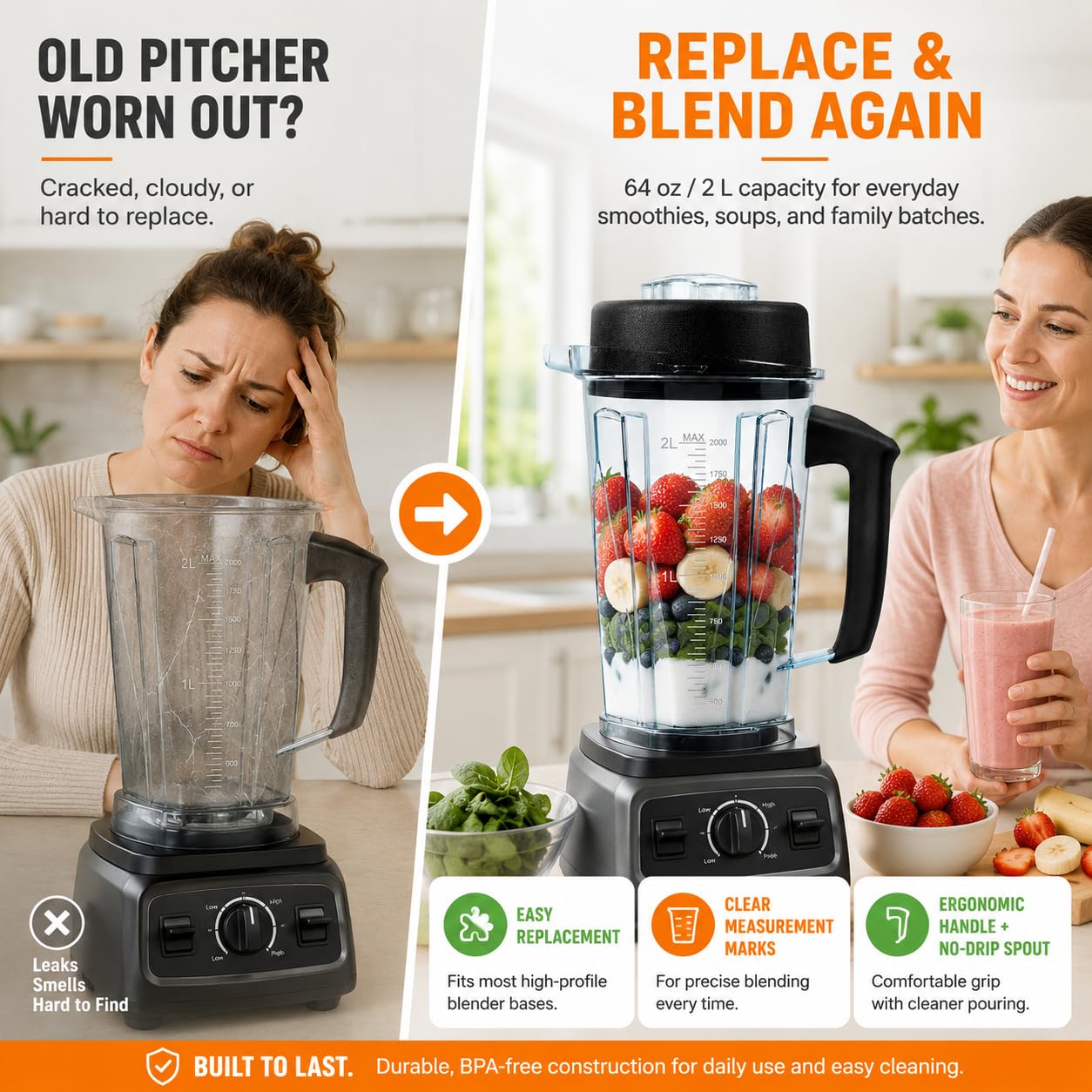 For Vitamix Blender Pitcher 64oz, Replacement Parts for Vitamix 5200 5000 6500 7500 750 Classic Explorian Vita-Prep vm0101 vm0102 vm0103 vm0197 E310