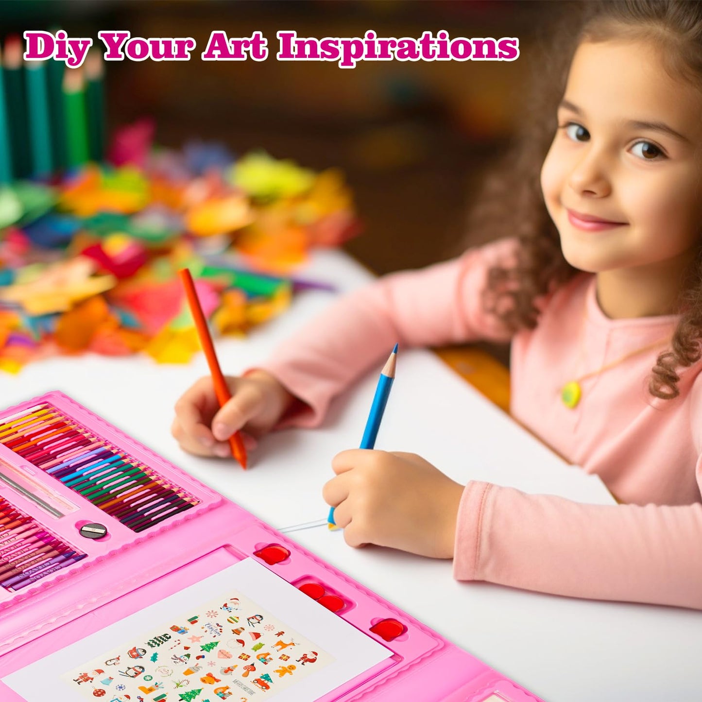 KINSPORY Art Kit, 290 Pack Art Set Crafts Drawing Kit for Kids, Double-Side Trifold Easel, Coloring Book, Sketch Pad, Pastels, Crayons, Pencils, Beginner Artists Gift (Pink)