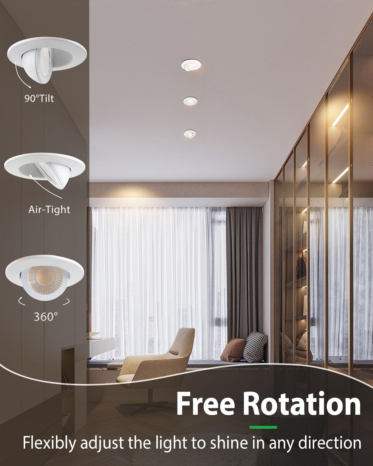 zouzai 5CCT LED Gimbal Led Recessed Light with Junction Box, 360°+90° Adjustable Directional Eyeball Lighting, Dimmable, 2700K/3000K/3500K/4000K/5000K,ETL&Energy Star (White 6 Pack, 3 inch)