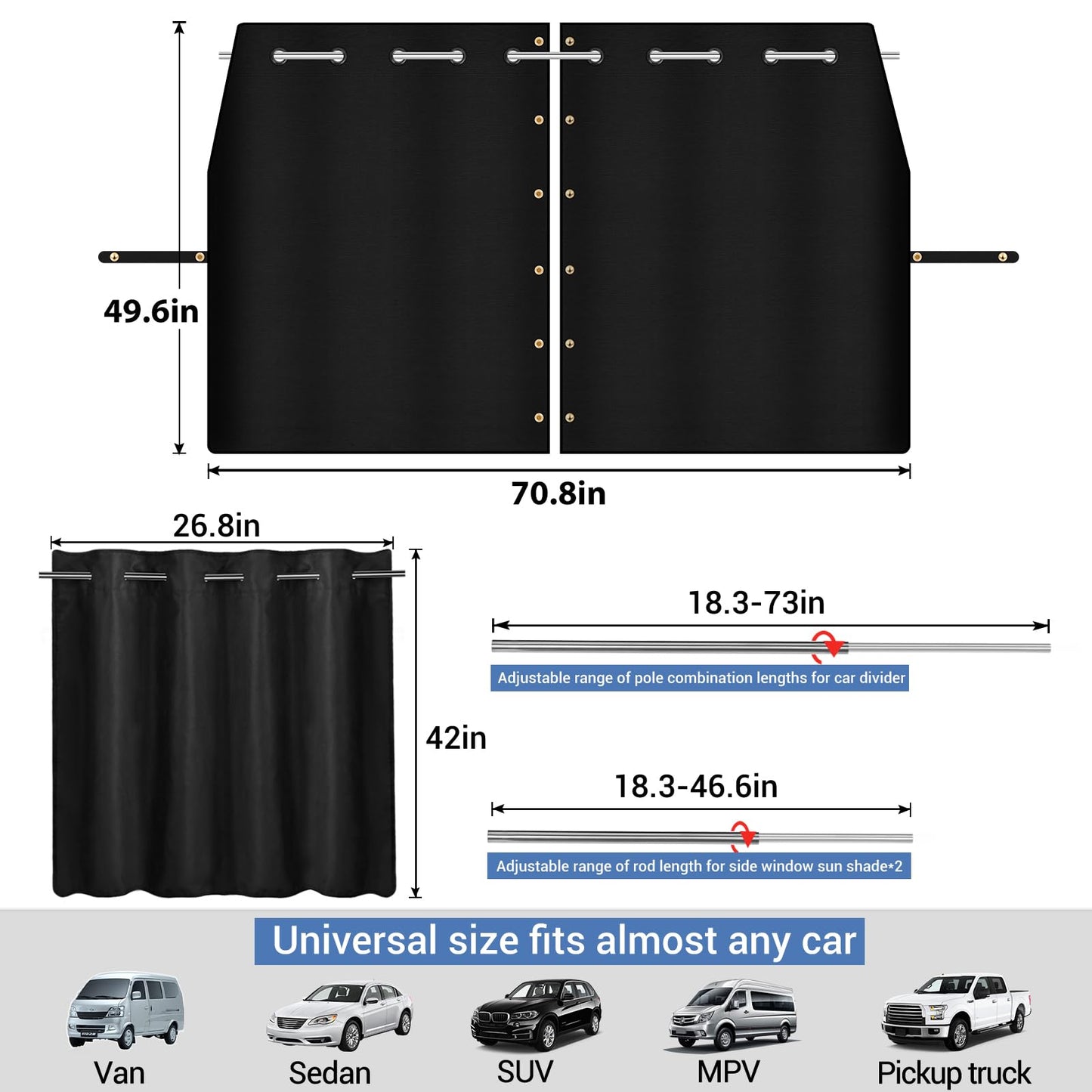 XCBYT Car Privacy Divider Curtains (3-Pack), Rigid Rod-Mounted Total Blackout Set - No Sag, No Strings - Rear Seat Divider & Side Window Shades for Car Camping, Baby Naps