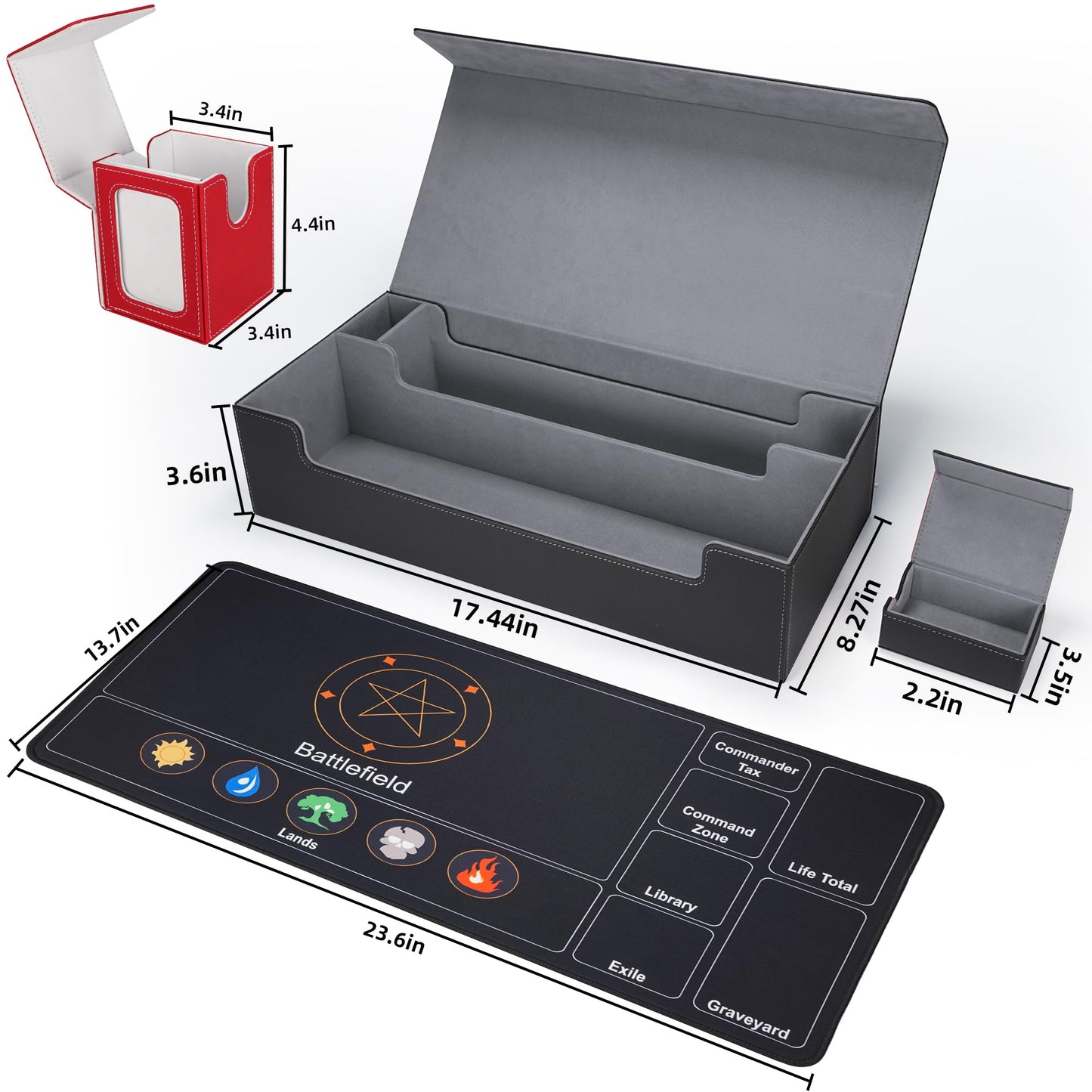 AFIING MTG Deck Box 6 In1 with MTG Playma,Premium Card Storage Box with 5 Pcs MTG Deck Box Holds 2400+ Trading Cards, Large TCG Card Deck Case for Magic Yugioh Sports Cards (Black&Grye)