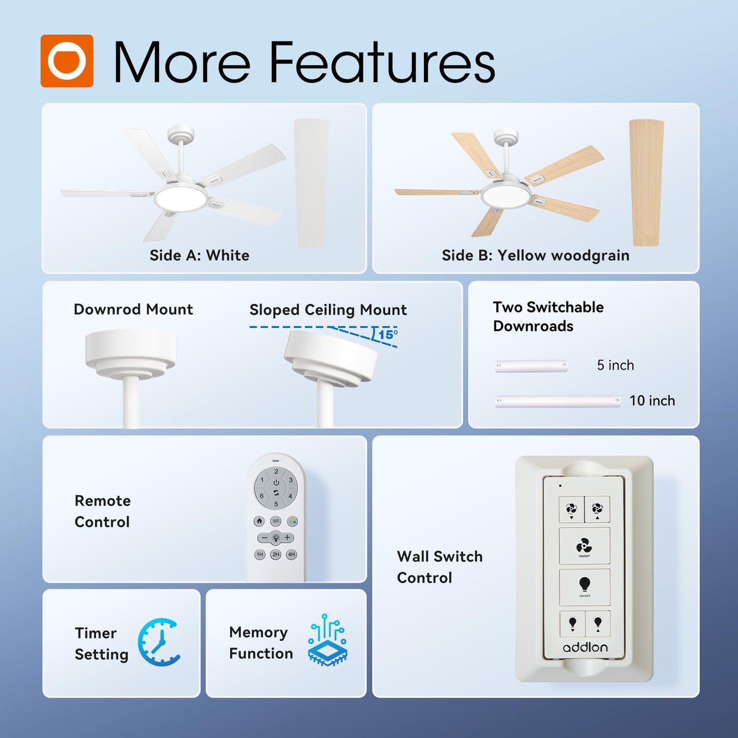 addlon Ceiling Fans with Lights, 52 inch White Ceiling fan with Light and Remote Control, Reversible, 3CCT, Dimmable, Noiseless, Small Ceiling Fan for Bedroom, Farmhouse, Indoor/Outdoor Use