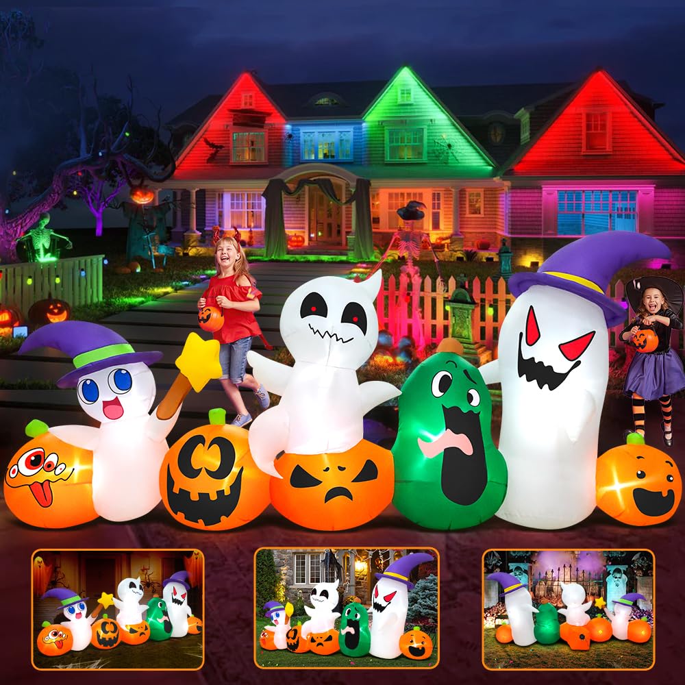 8 FT Halloween Inflatables Blow up Outdoor Decoration, Inflatable Ghost with Pumpkin Led Light Inflatables Outdoor Decor Blow up Inflatables for Holiday Party Lawn Yard Garden Decor
