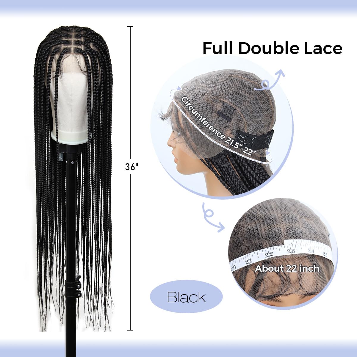 KRALER 36 inch Braided Wigs for Black Women, Knotless Box Braid Wig Full Double Lace Square Based Micro Box Braids Wig Pre Plucked with Baby Hair