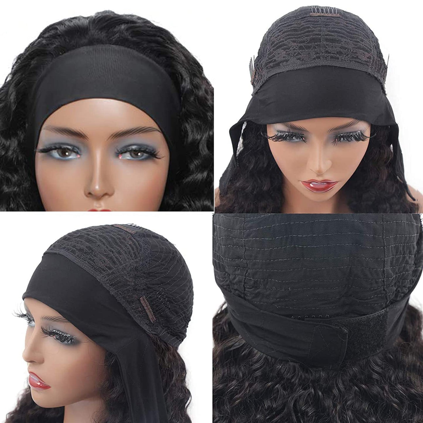 Aiterina 26 Inch Headband Wig Human Hair Deep Wave Headband Wigs for Black Women Virgin Human Hair Headband Wig Glueless Curly Headband Wig Human Hair Headband Wig Natural Color
