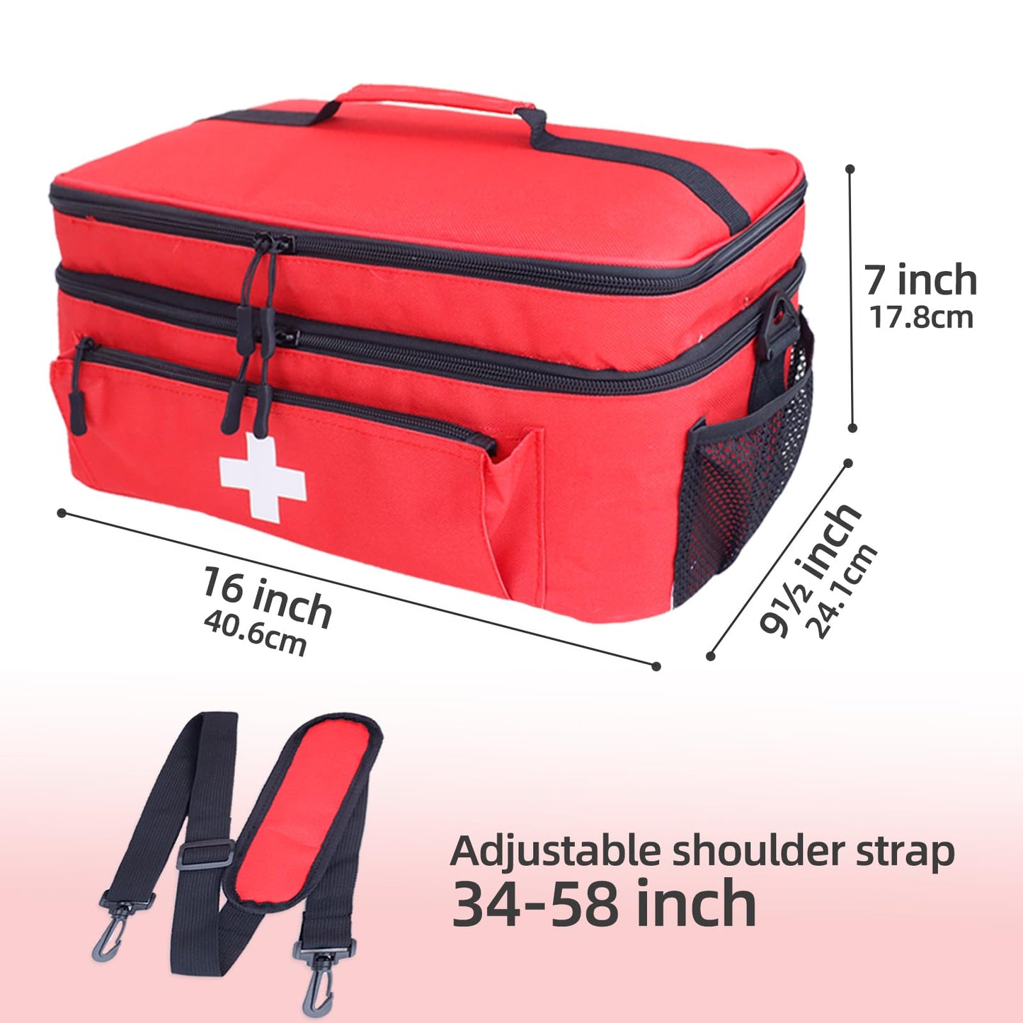 ALSLEA First Aid Bag Empty Large Medical Bag with Shoulder Strap 16”x 9½” x 7” Medicine Organizer Box Travel First Aid kit Emergency Supplies Storage Bag for Car, Home, Office, Outdoor (Red)