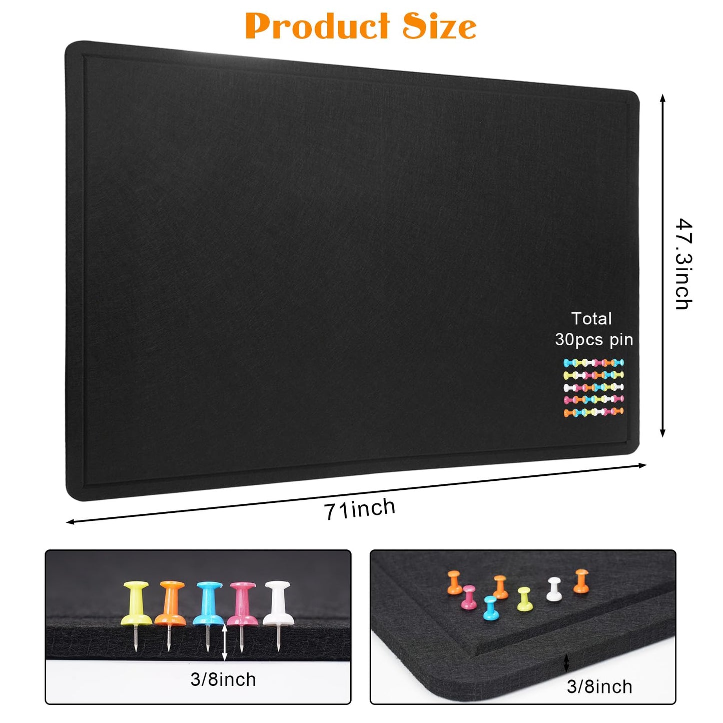 Large Bulletin Board - 72 X 48 inches Cork Board with 30 Pushpin, 6' x 4' Felt Cork Board Notice Pin Board, Self-Adhesive Vision Board Mood Board Foldable Photo Board for Wall (Black)