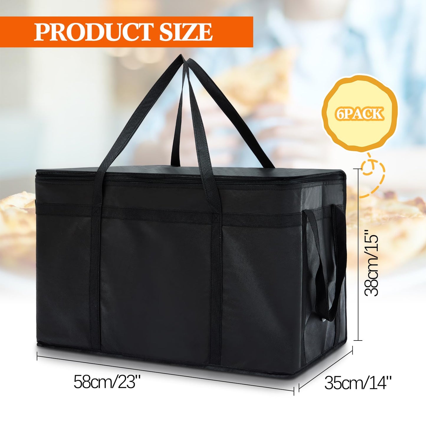 Maxcheck 6 Insulated Food Delivery Bag XXXL Large Capacity Hot Cold Grocery Tote Bag Reusable Warming Cooler Pizza Catering Carrier for Commercial Travel Lunch Shopping Gifts (Black)