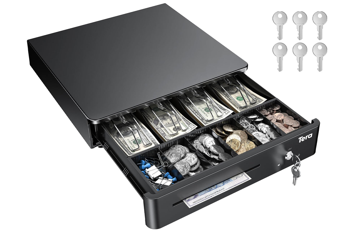 Tera 13" Auto Open Cash Register Drawer Heavy Duty Fully Removable Insert Tray 5 Keys 4 Bill 6 Coin Media Slot 24V RJ12 Key-Lock (Round Corner) for POS System Small Business 330R