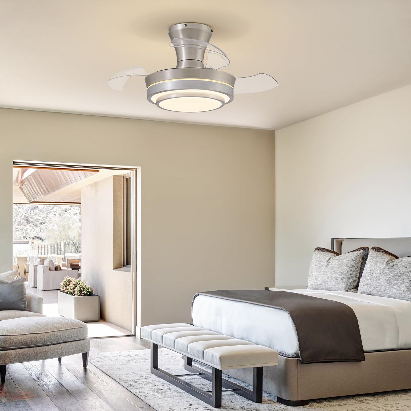 APBEAMLighting Retractable Small Led Ceiling Fan with Light and Remote 28 Inch Low Profile Brushed Nickle Modern Fandelier for Bedroom Living Room Dimmable 6 Speed Reversible Smart Ceiling Fan
