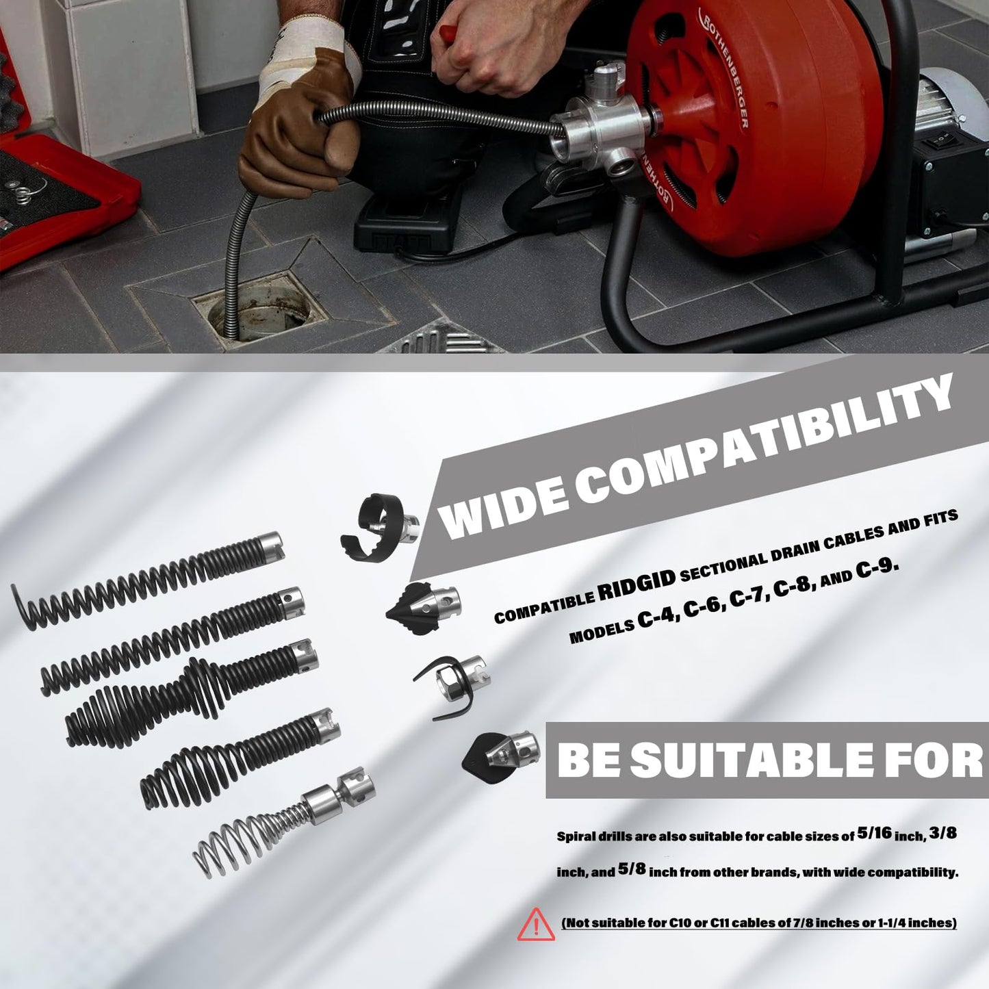 10-Piece Drain Cleaning Kit, Drain Cable Cutter Kit for 5/8"" (16mm) Port Heavy-Duty Cables; Compatible with K-400, C-4, C-6, C-7, C-8, and C-9 Models.