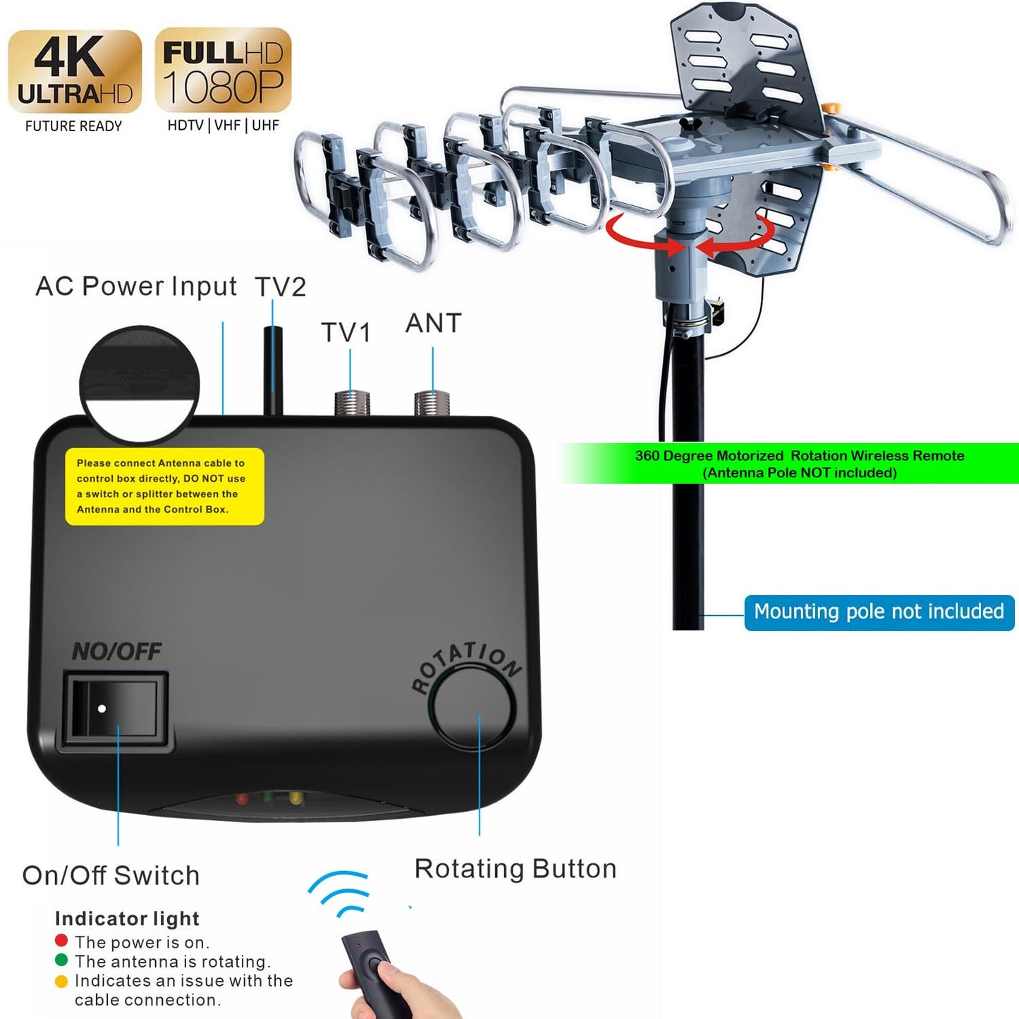 PBD Outdoor Digital Amplified HDTV Antenna, 150 Mile Motorized 360 Degree Rotation, Wireless Remote Control, 59FT RG6 Coax Cable, Coaxial Grounding Block, UHF VHF 1080P 4K, Support 2 TVs