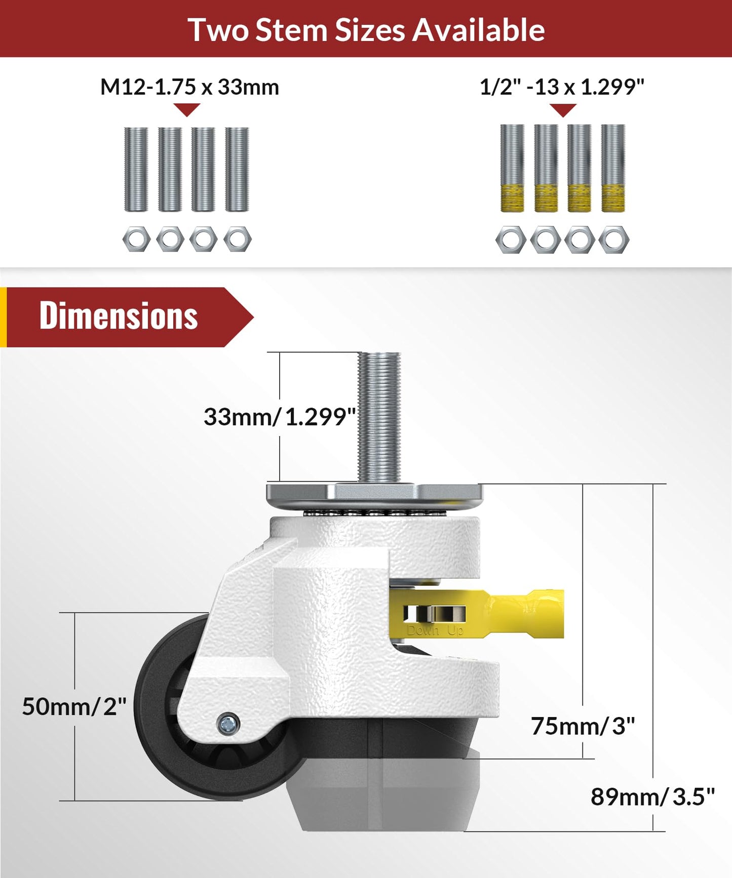 HOLKIE Leveling Stem Casters Set of 4 Heavy Duty Retractable Caster Wheels, 1/2" and M12 Stem Size, Total Capacity 2200 Lbs, Adjustable Wheel with Ratchet Handle for Workbench, Machine, Equipment