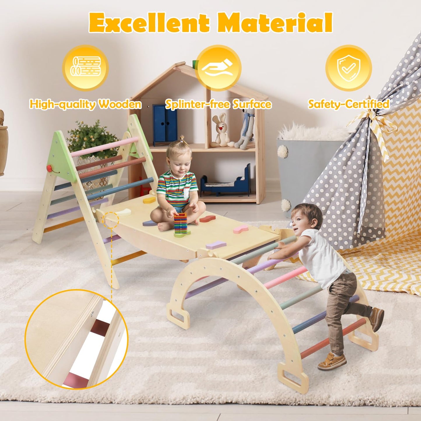 7 in 1 Wooden Pikler Triangle Set, Foldable Indoor Toddler Climbing Toys, Montessori Climbing Set for Children with Arch, Ramp, Ladder, Jungle Gyms for Kids, Baby Sensory Toys