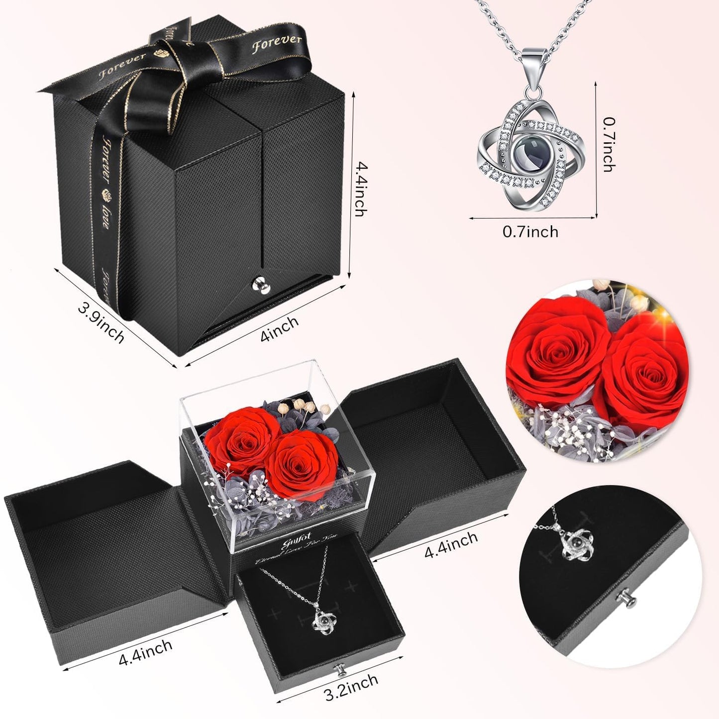 Gnifot Preserved Red Real Rose with I Love You in 100 Languages Necklace,Eternal Flowers Gifts for Women Wife Girlfriend Mom Grandma on Birthday Anniversary Valentines Mothers Day Christmas,Red Rose