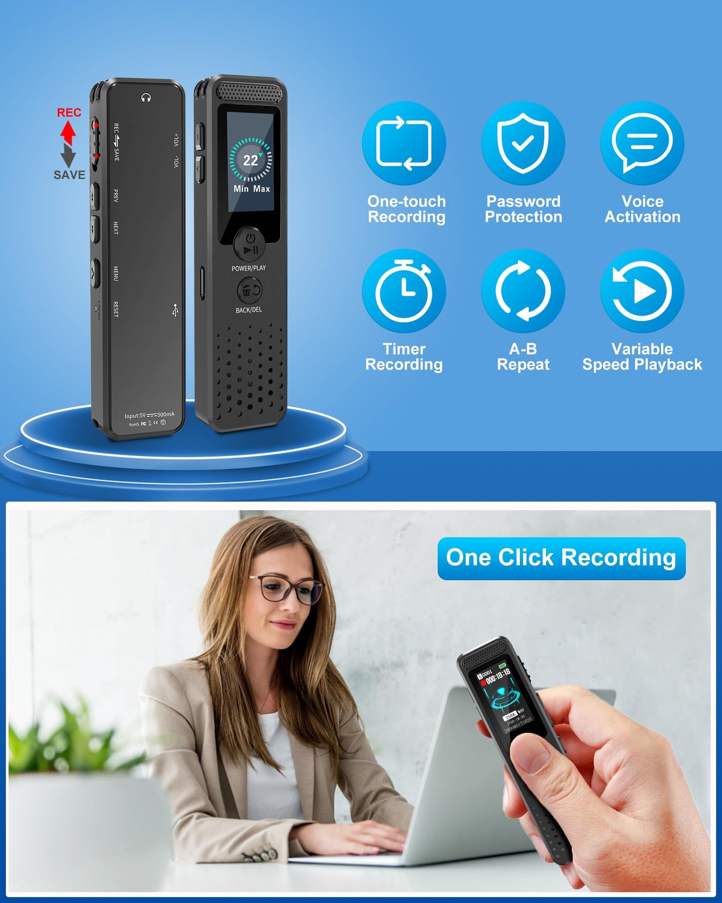 128GB Mini Digital Voice Recorder with 2159 Professional Noise Reduction and up to 1536kbps Lossless Sound Quality, Voice Activated Recorder with Playback, USB-C Audio Recorder for Lectures Meetings