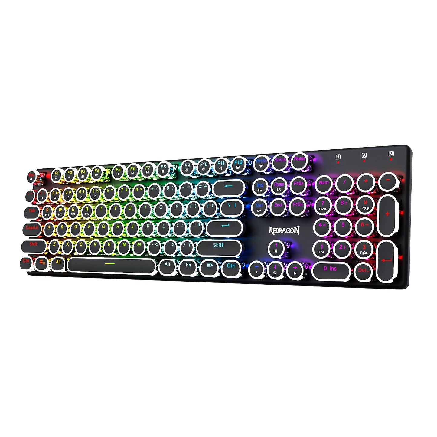 Redragon Typewriter Keyboard Wireless, Mechanical Gaming Keyboard, Bluetooth/2.4Ghz/Wired, RGB LED Backlit, Rechargeable, Blue Switch - Clicky, Solid Metal Panel, Round Keycaps, Black