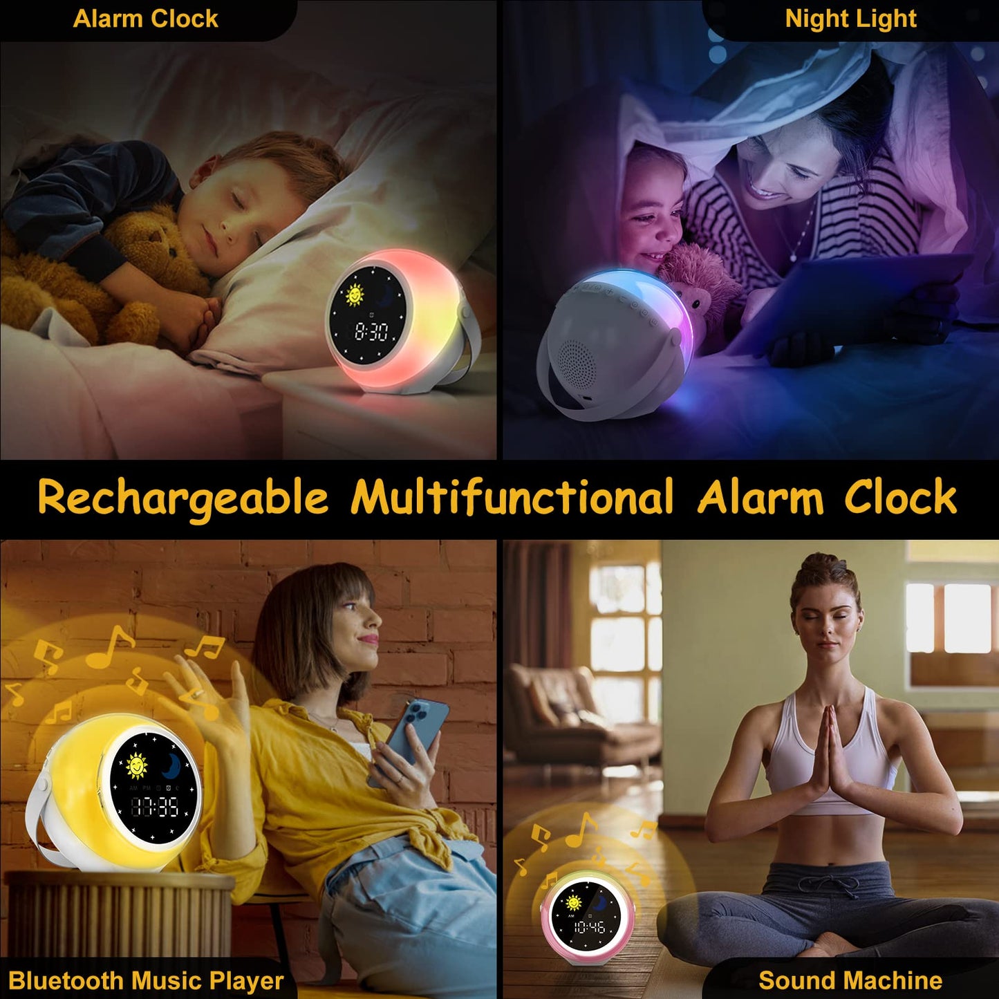 Mulukiss Alarm Clock for Kids, Bluetooth Music Player&Digital Clock, Sleep Sound Machine for Kids Bedroom, Kids Alarm Clock Sleep Trainer with Wake up Light, Ok to Wake Clock for Kids