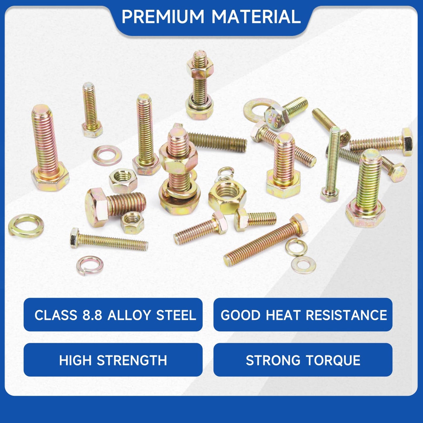 940PCS Grade 8.8 Metric Bolt and Nuts Kits M4 M5 M6 M8 Heavy Duty Hex Bolts Nuts Assortment Set Yellow Zinc Plated