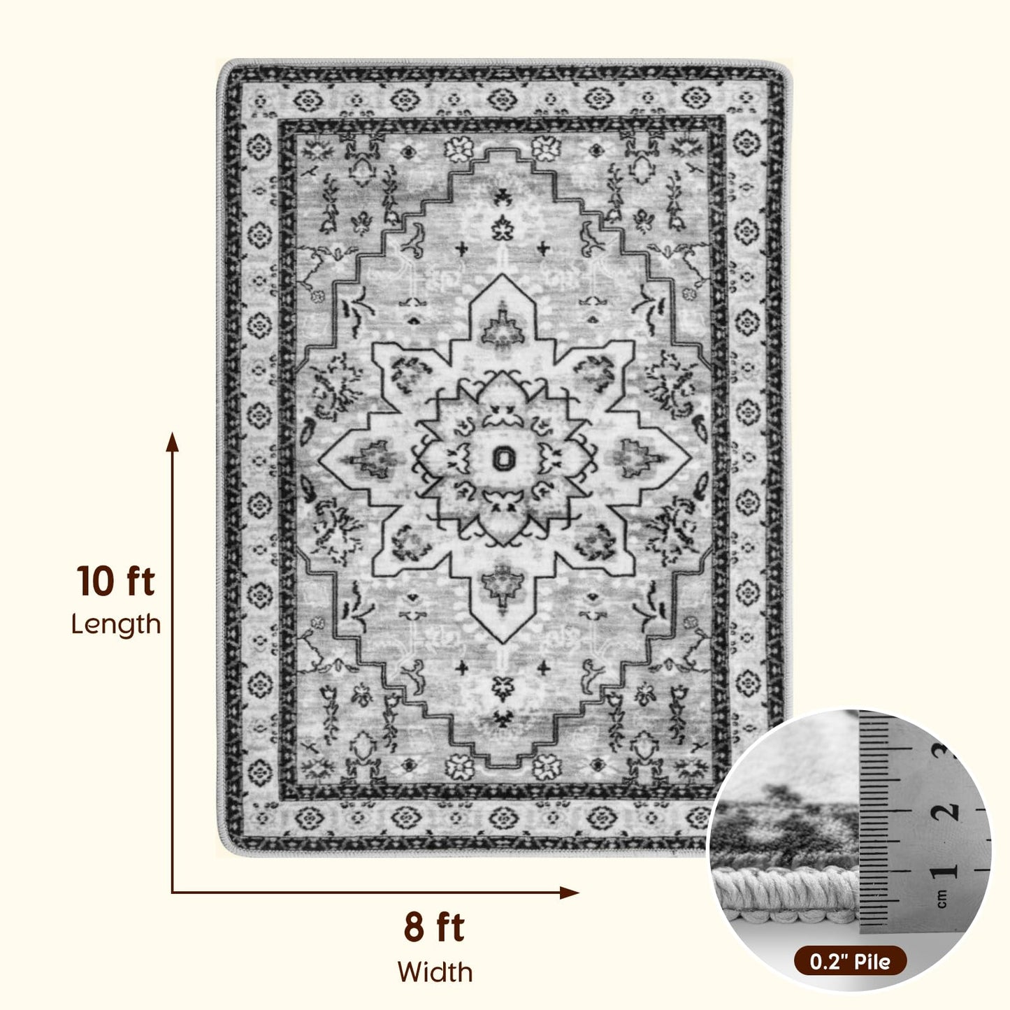 LBRO2M Boho Area Rug 8X10 Washable Rugs for Bedroom Low Piles Indoor Rugs, Non Slip Soft Carpet for Living Room, Dining Room, Gray Rug Foldable Pet Friendly Area Rugs Stain Resistant (8'X10' Gray)