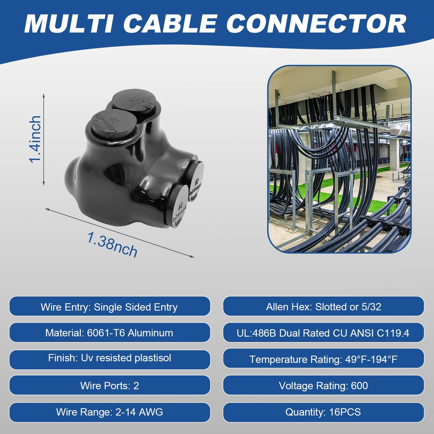 Black Multi-Tap Insulated Wire Connectors -2 Port Single-Sided Entry - 2-14 AWG Wire Range -Slotted or 5/32" Allen Hex -Dual-Rated Aluminum to Copper Wire Connectors -6061-T6 CU9AL -(16 Pack)