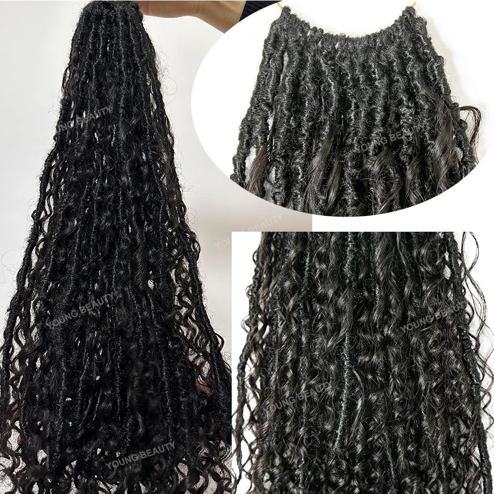 Pre-looped Crochet Locs with Human Hair Curls Dreadlocks Hair With Curly Human Hair End Soft Messy Boho Faux Locs for Women 26inch 24 Locs