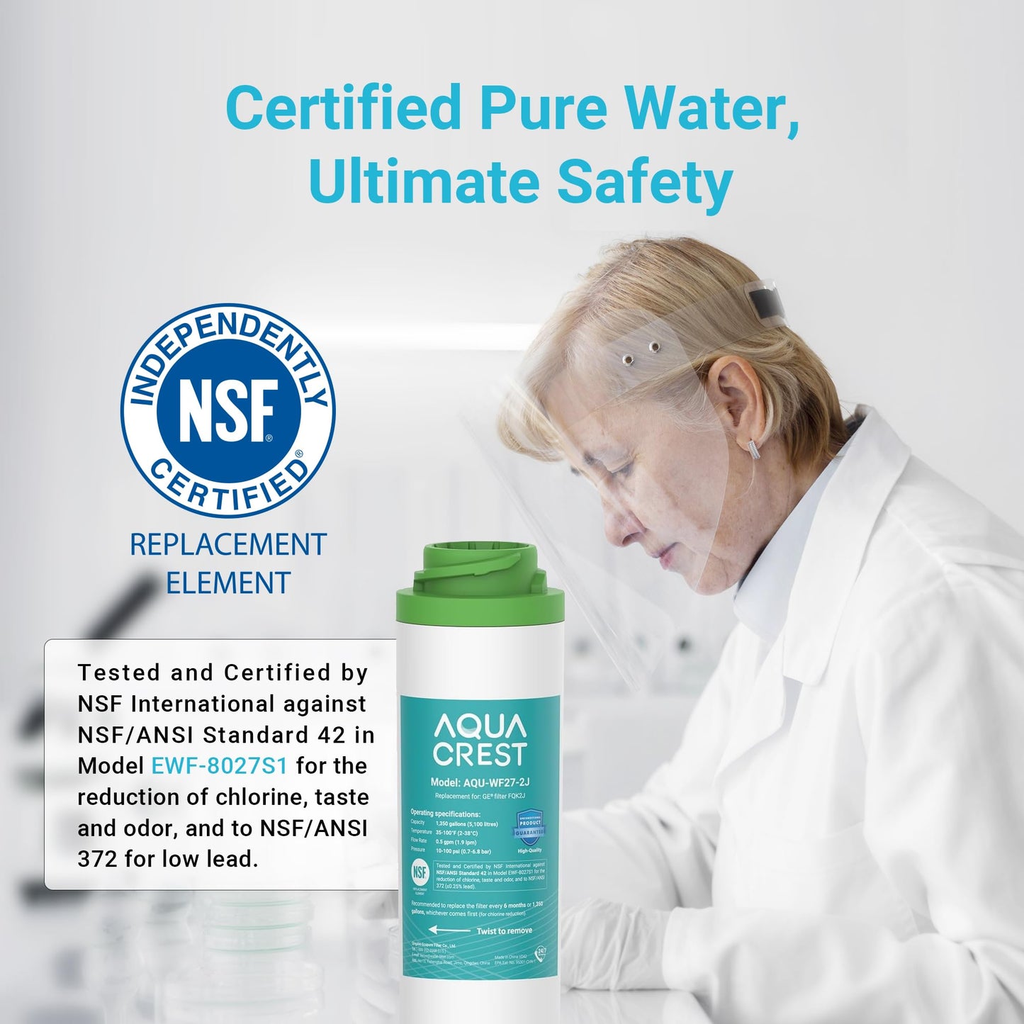 AQUA CREST FQK2J Under Sink Water Filter, Replacement for GE FQK2J, FQK1K, NSF/ANSI 42 372 Certified, 1350 Gallons Dual Flow Drinking Water Replacement Filters (4 Count)