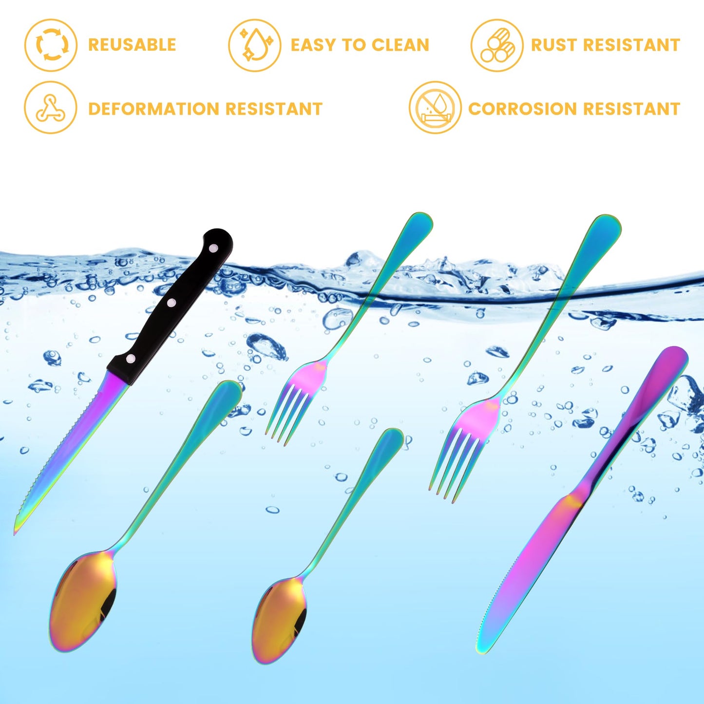 69 Piece Rainbow Silverware Set with Steak Knife Service For 8, Colorful Flatware Cutlery Set Stainless Steel Utensils Mirror Polishe Spoons and Forks with Metal Straw, Slotted Spoon, Tongs, Tableware