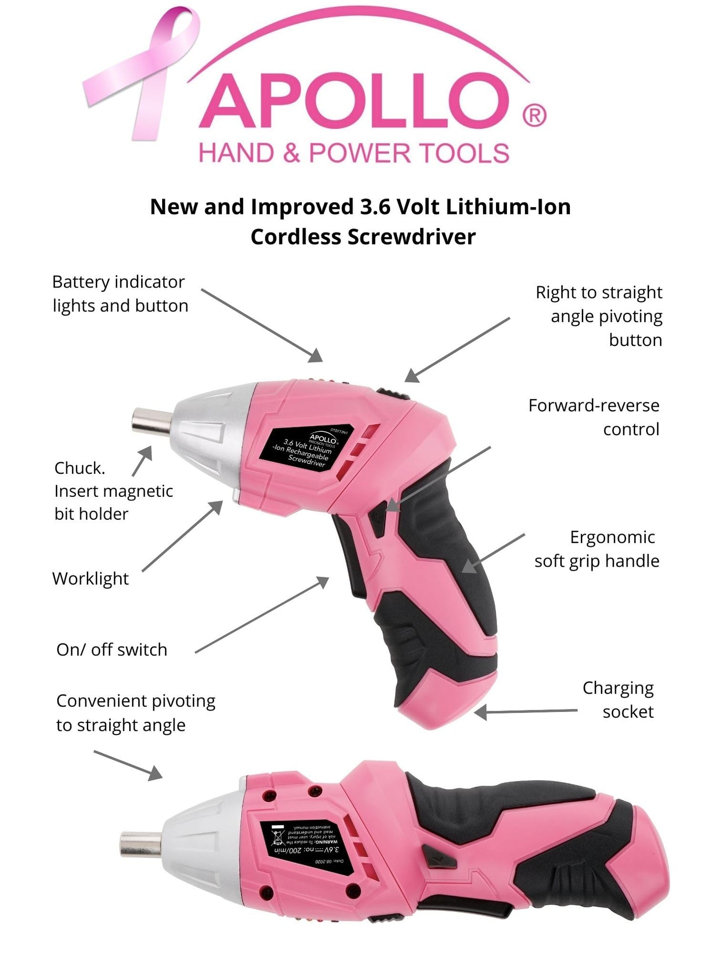Apollo Tools 135 Piece Household Pink Hand Tools Set with Pivoting Dual-Angle 3.6 V Lithium-Ion Cordless Screwdriver - DT0773N1