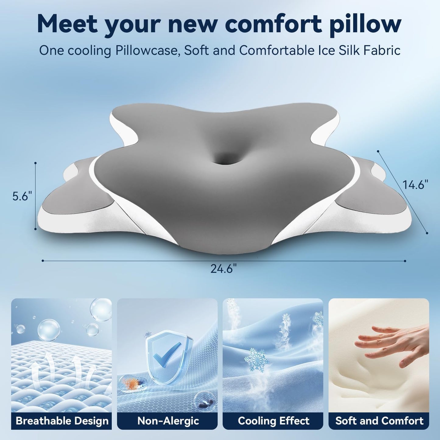 Sleep Apnea Pillow with Neck Pain & Snoring Relief -Orthopedic Cervical Pillow,Ergonomic Contour Memory Foam Pillow for Side, Back,Stomach,Dreamers,Medium Firm (Darkgrey, Queen Size 25"lx15"wx5.8"h)