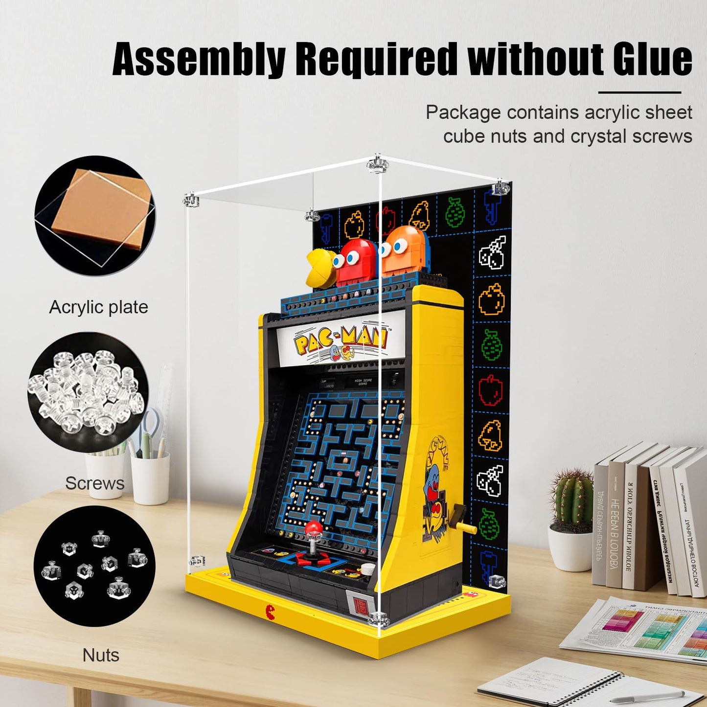 Acrylic Display Case for Lego Pac-Man Arcade Machine Building Toy Set, Dustproof Display Box for Lego Pac-Man Arcade Machine 10323, Customized Decorative Box & HD Painted Background