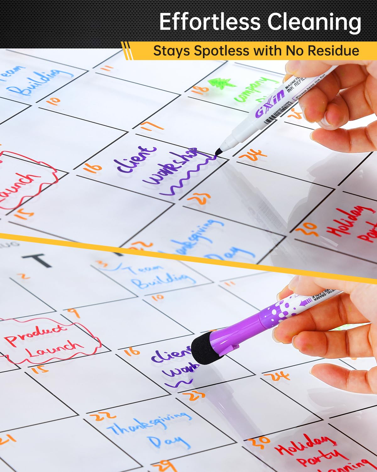 24x16 Acrylic Wall Calendar with Black Print - Medium Dry Erase Planner, 8 Markers, Eraser & Mounting Kit - Ideal for Home, Office, Classroom