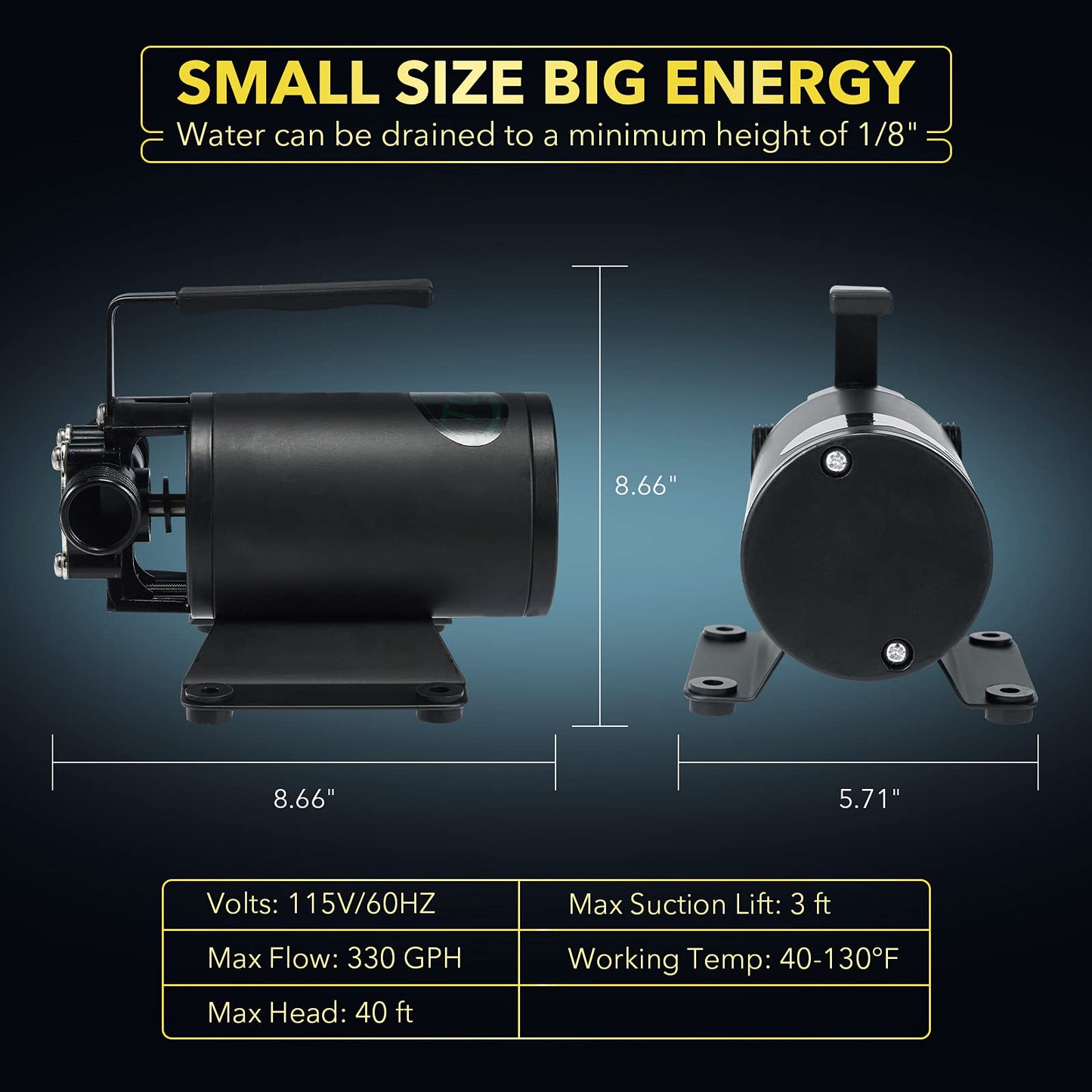 12V Water Transfer Pump 330GPH Self-Priming Pump, Portable Electric Utility Sump Pump with Suction Hose Attachment Black