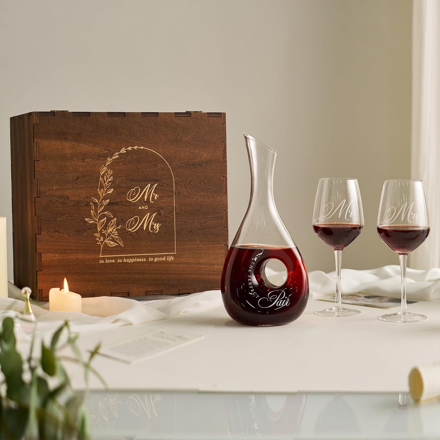AW BRIDAL Mr and Mrs Wine Glasses and Decanter Set, Wedding Bridal Shower Engagement Gift for Couples 2025, Wedding Glasses for Anniversary Bride Bachelorette with Wood Keepsake Box