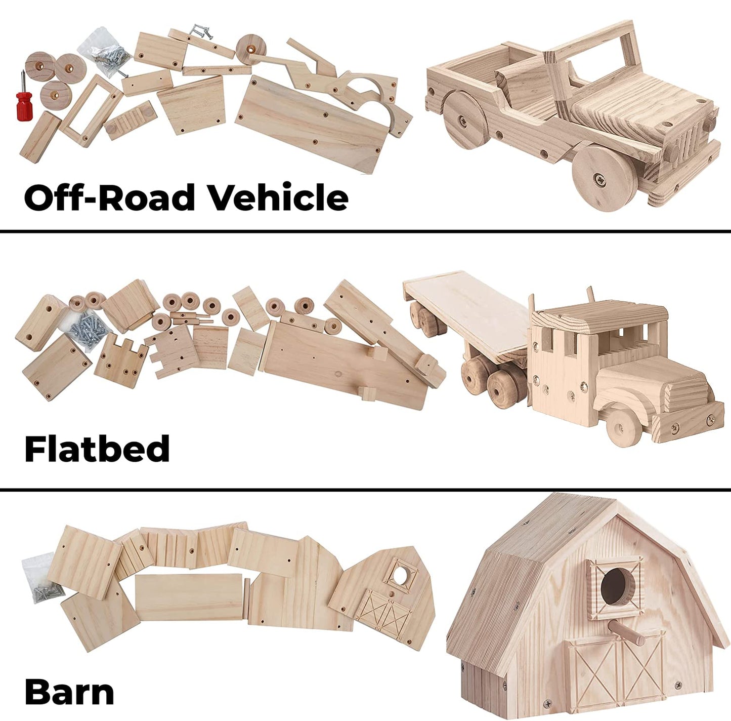 Kraftic Woodworking Building Kit for Kids and Adults, Set of 3 Educational DIY Carpentry Construction Wood Model Kit Toy Projects for Boys and Girls - Off-Road Vehicle, Flatbed Truck, Barn Birdhouse