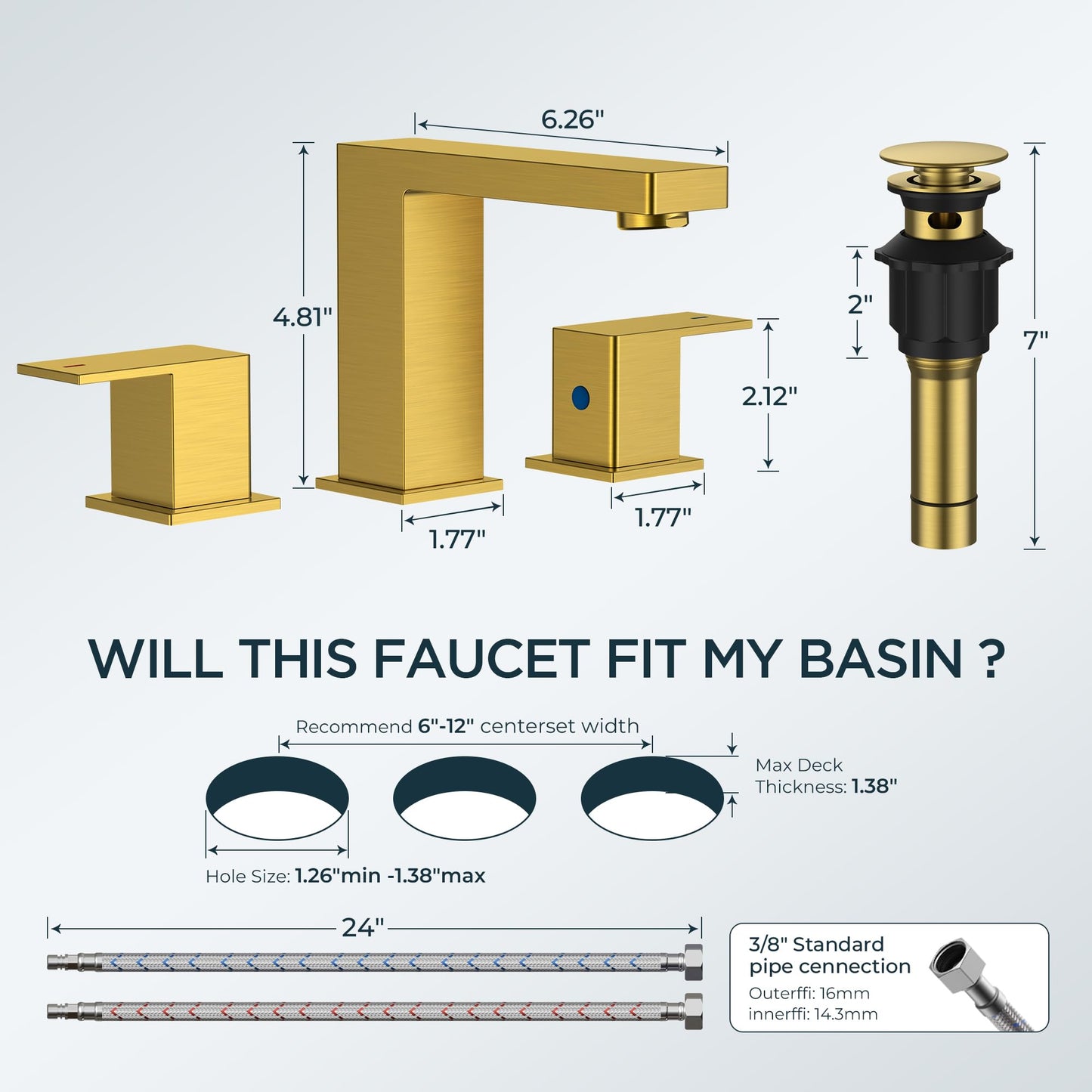 FORIOUS Brushed Gold Bathroom Vanity Faucet 3 Hole, 8 Inch Widespread Square Bathroom Sink Faucet with Metal Pop-Up Drain and cUPC Supply Lines Included for Restroom, Lavatory, Basin Sink